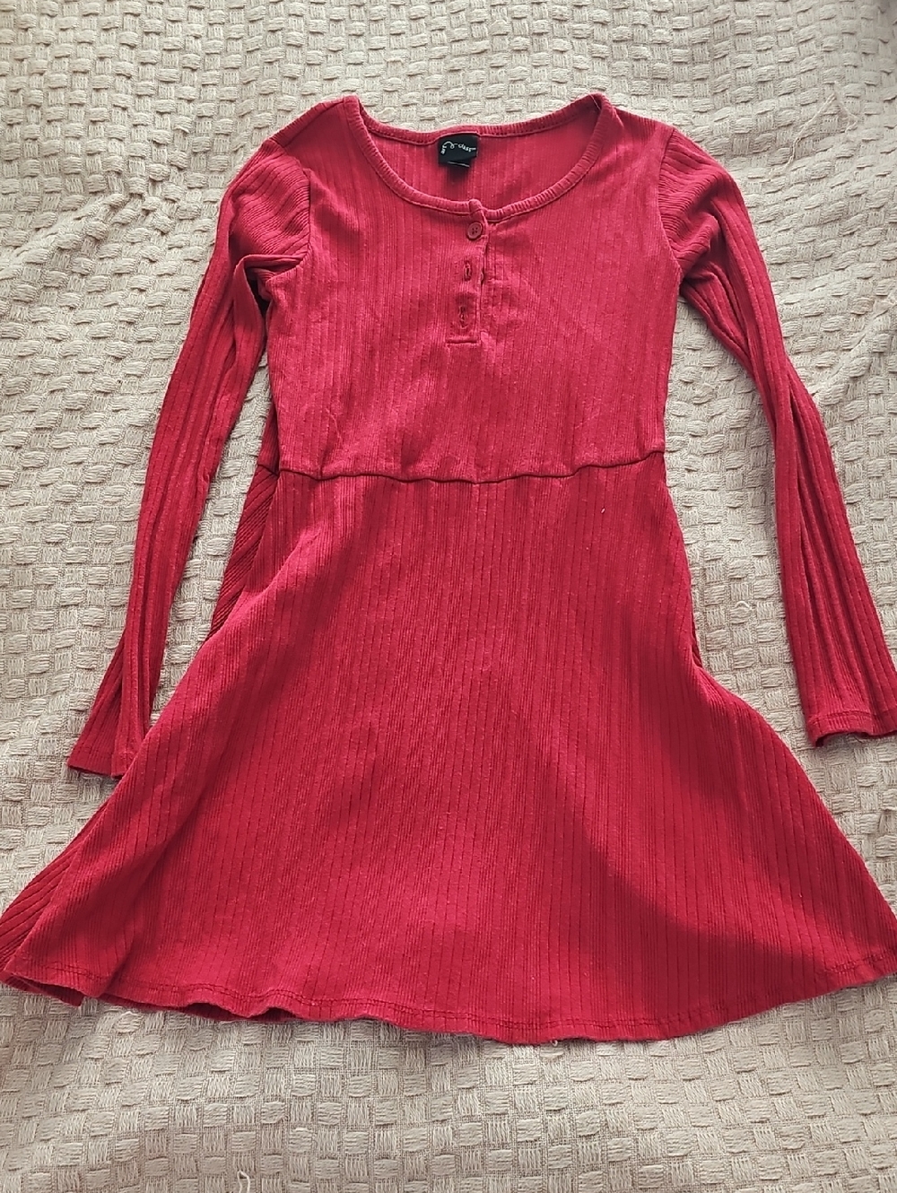 🍉art class Red Ribbed Long-Sleeve Fit-and-Flare Dress